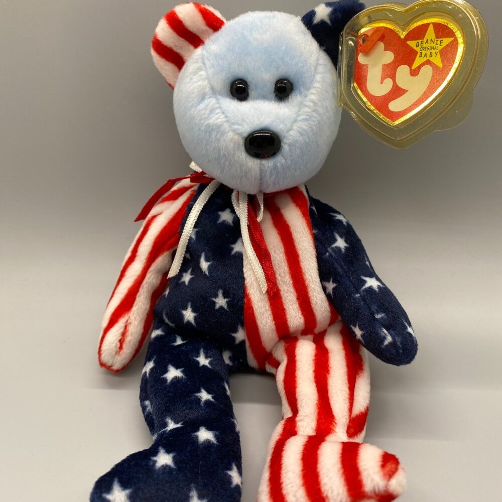 Ty Beanie Babies 1999 Blue Face Spangle Patriotic Bear Stuffed Plush Toy